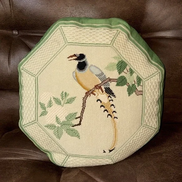 Vintage needlepoint pillow with exotic bird Handmade Approximately 17” x 17” - Picture 3 of 10